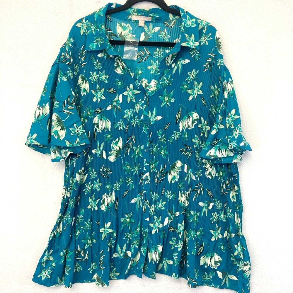 Woman Within Accordion Pleated Button Up Blouse 2X Short Sleeve Blue Floral NEW‎